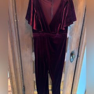 Maroon velvet short sleeve jumpsuit